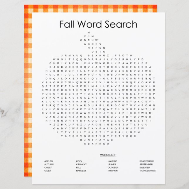 Orange Gingham Pumpkin Fall Word Search (Vorne/Hinten)