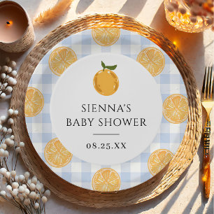 Orange Gingham Zitrus-Baby-Party Pappteller