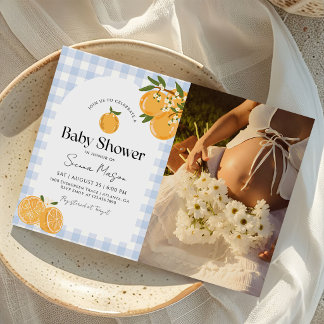 Orange Gingham-Zitrus-Baby-Shower-Foto Einladung