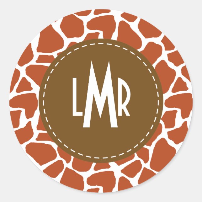 Orange Giraffe Muster Monogramm Runder Aufkleber (Vorderseite)