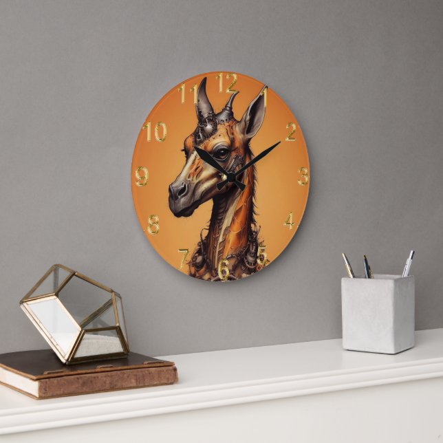 Orange Giraffe Steampunk, Wall Clock Große Wanduhr (Büro)