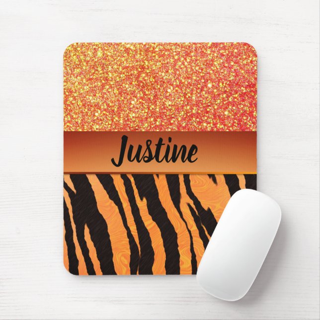 Orange Glam Glitter Tiger Print Mousepad (Mit Mouse)