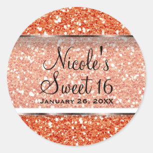 Orange Glitter Glam Sweet 16 individuelle Partyges Runder Aufkleber