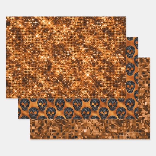 Orange Glitter Skull Halloween Pattern Geschenkpapier Set (Set)