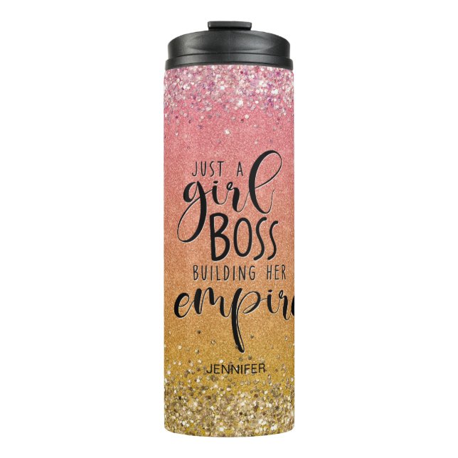 Orange Glitzer Girl Boss Name Gebäude Empire Thermosbecher (Vorderseite)