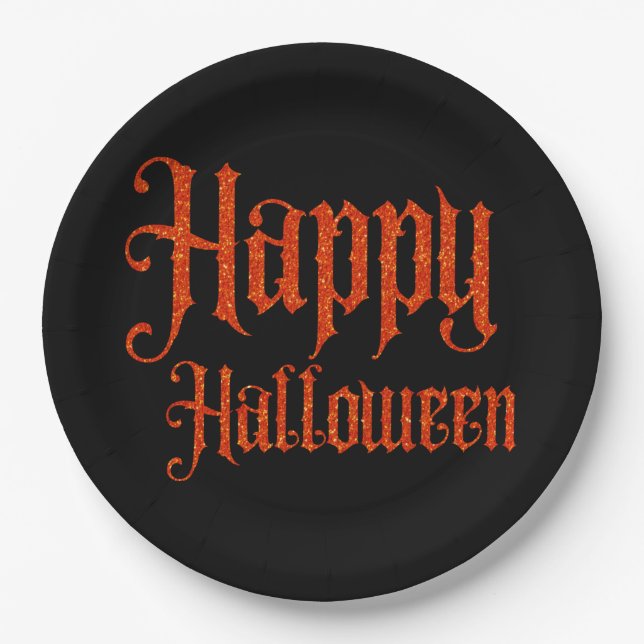 Orange Glitzer Happy Halloween Paper Plate Pappteller (Vorderseite)