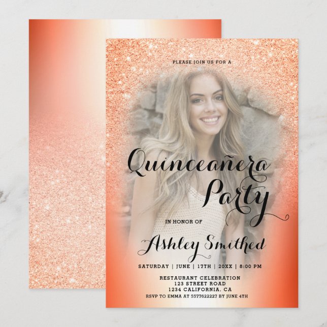 Orange Glitzer ombre Metallisches Foto Quinceañera Einladung (Vorne/Hinten)
