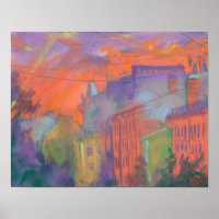 Orange Glow City Sunset Landschaft Pastellfarben M