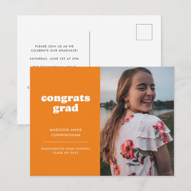Orange Glückwunsch Grad Foto Abschluss Einladung Postkarte (Vorne/Hinten)