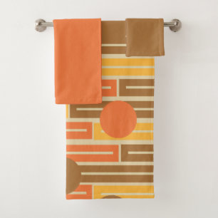 Orange, Gold, braune Rechtecke und Kreise Badhandtuch Set
