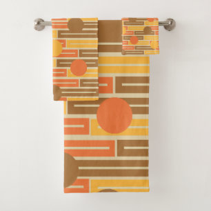 Orange, Gold, braune Rechtecke und Kreise Badhandtuch Set