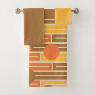 Orange, Gold, braune Rechtecke und Kreise Badhandtuch Set