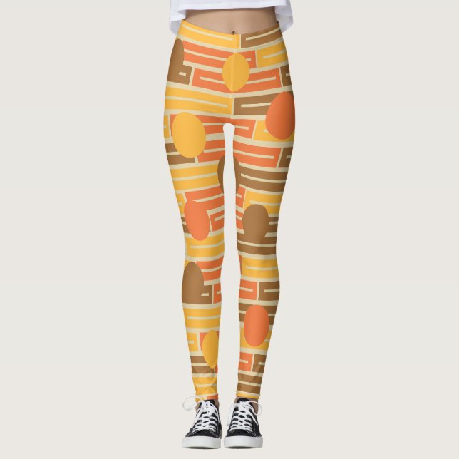 Orange, Gold, braune Rechtecke und Kreise Leggings (Vorderseite)