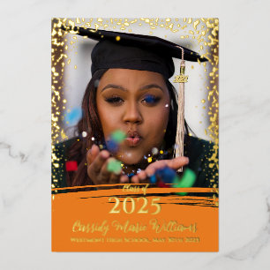 Orange Gold Confetti Foil Faire-part de graduation
