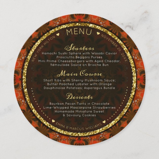 Orange Gold Eastern Round Wedding Menu Cards Menükarte (Vorderseite)