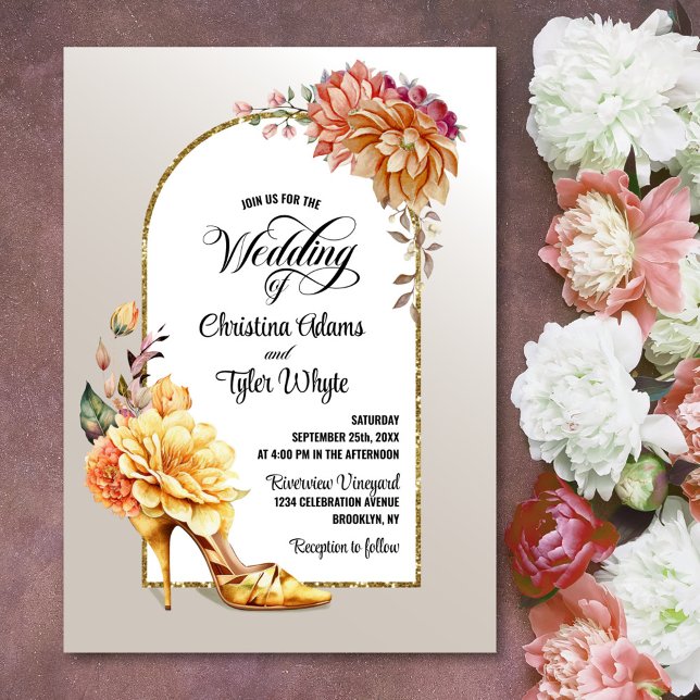 Orange Gold Floral Arch Wedding Einladung (Von Creator hochgeladen)