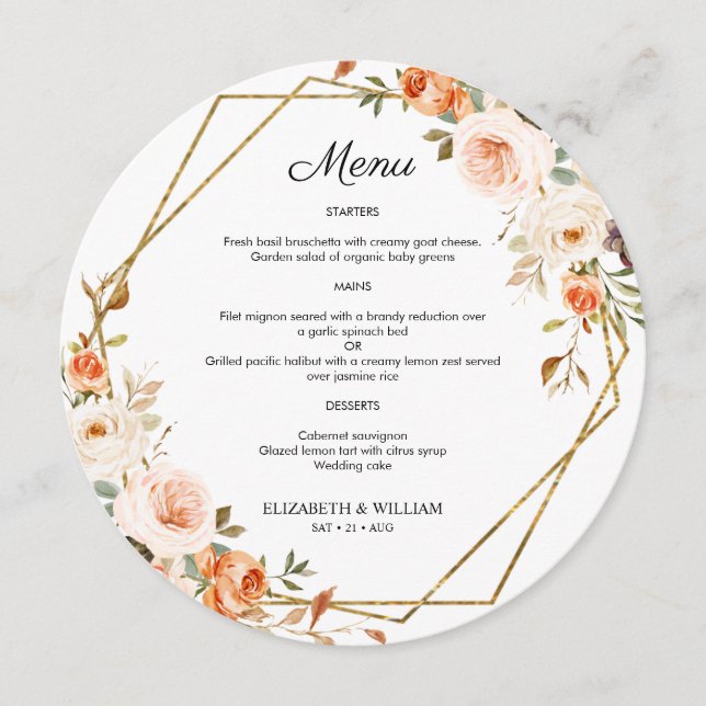 Orange Gold Floral Round Menu für Plate im Herbst Menükarte (Vorderseite)