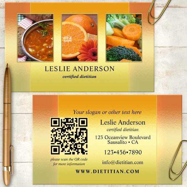 Orange Gold Fotos Dietitian Nutritionist QR Code Visitenkarte (Portfolio photo business card showing an orange gold design - nice for a dietitian or nutritionist)