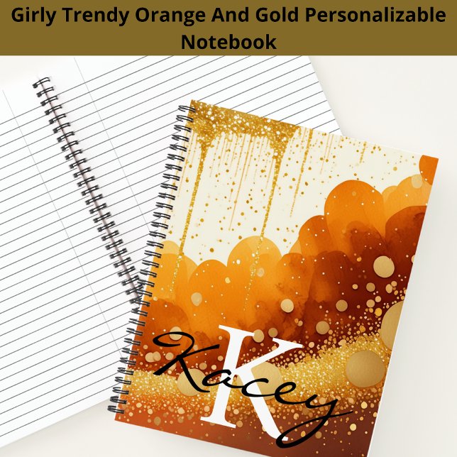 Orange Gold Glitzer Girl Monogram Name Notizbuch (Von Creator hochgeladen)
