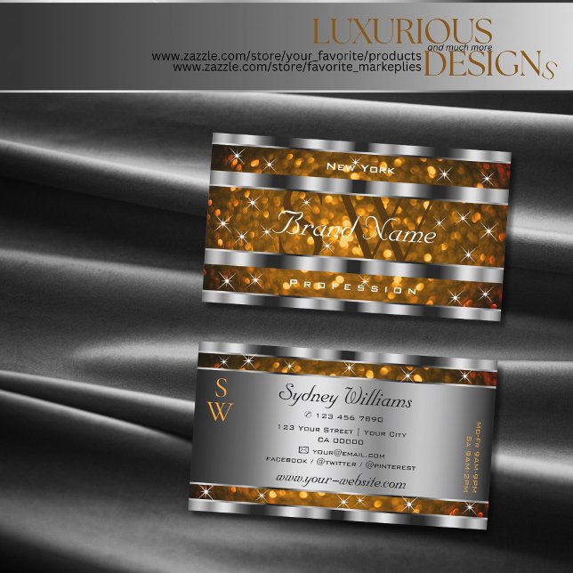 Orange Gold Glitzer Sparkassenstars Monogram Silve Visitenkarte (Von Creator hochgeladen)