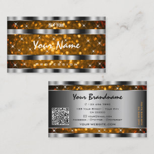 Orange Gold Glitzer Sparkle Stars QR Code Silver Visitenkarte