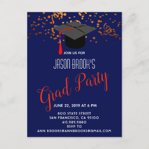 Orange Gold Grad Cap Confetti auf Navy Blue Party Ankündigungspostkarte