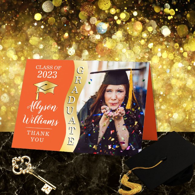 Orange | Gold Graduate Wave Grad Cap Foto Dankeskarte (Von Creator hochgeladen)