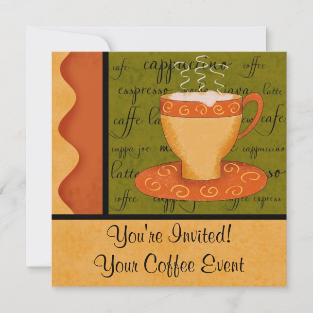Orange Gold Green Coffee Cup Art Individuelle Name Einladung (Vorderseite)