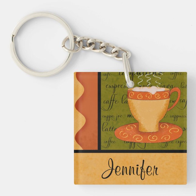 Orange Gold Green Coffee Cup Art Individuelle Name Schlüsselanhänger (Vorderseite)