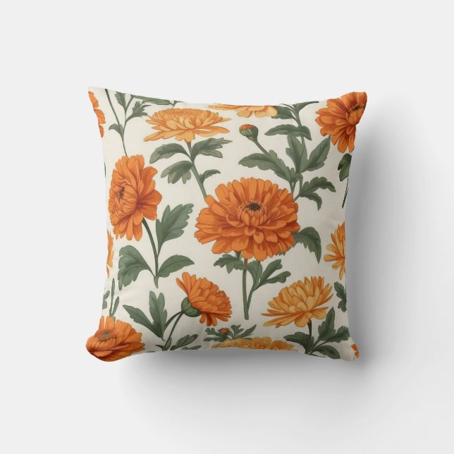 Orange Gold Herbst Marigolds Foliage Muster Kissen (Vorderseite)