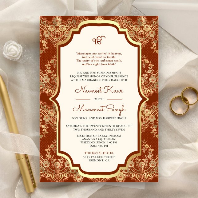 Orange Gold Lace QR Code Anand Karaj Sikh Wedding Einladung (Von Creator hochgeladen)