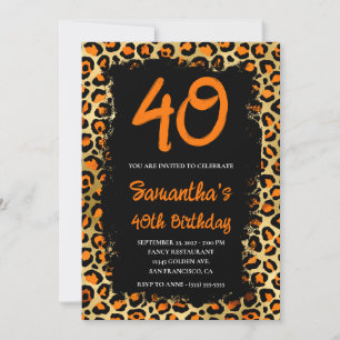 Orange Gold Leopard Painted Black 40 th Birthday Einladung