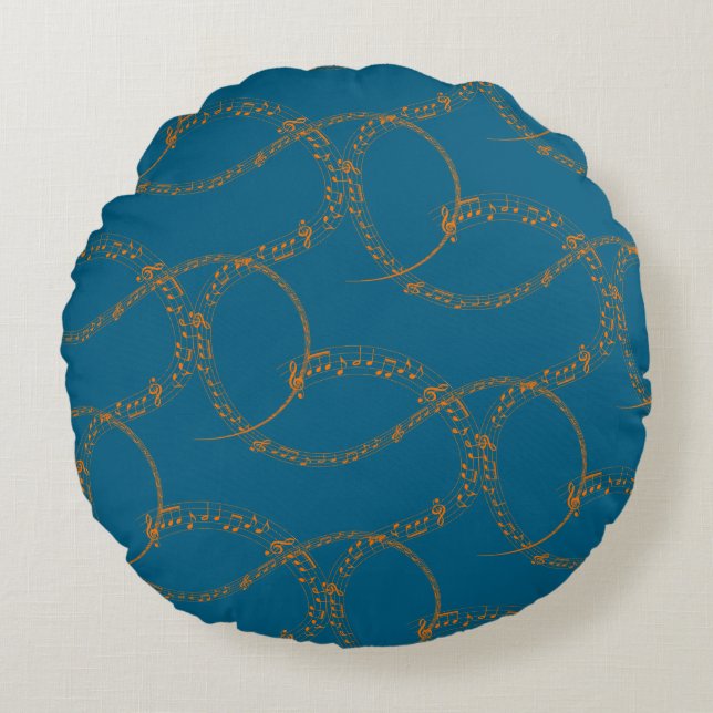 Orange Gold on Blue Music Note Pattern  Rundes Kissen (Vorderseite)