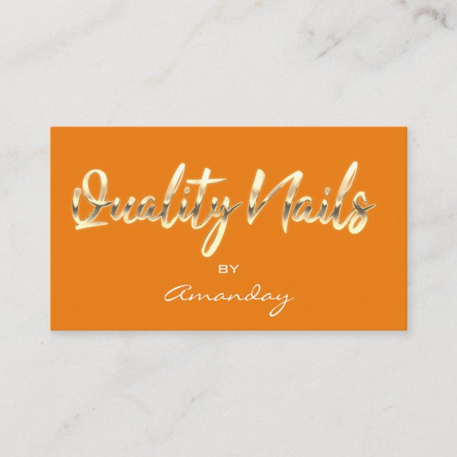 Orange Gold Quality Nails Script QR Logo Visitenkarte (Vorderseite)