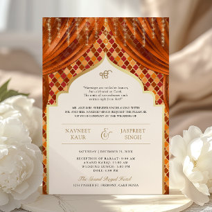 Orange Gold Quatrefoil QR Code Sikh Wedding Einladung