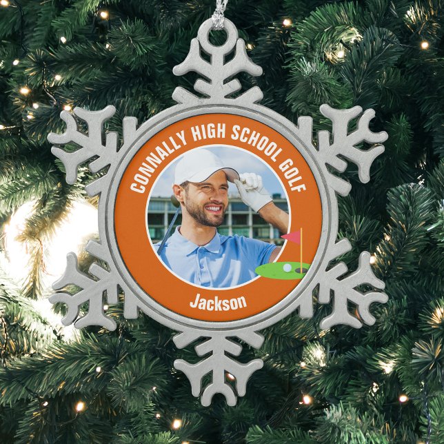 Orange Golfer Photo High School Golf Team Schneeflocken Zinn-Ornament (Von Creator hochgeladen)