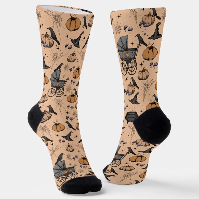 Orange Gothic Baby Carriage & Pumpkin Halloween Socken (Gewinkelt)