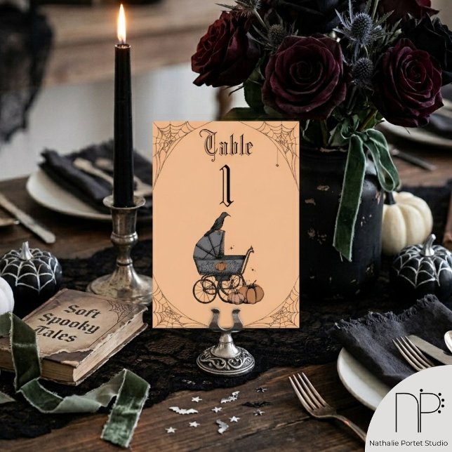 Orange Gothic Baby Dusche Tischnummer (A Baby is Brewing table number, hand-drawn ink art, orange background, gothic mom party decor)