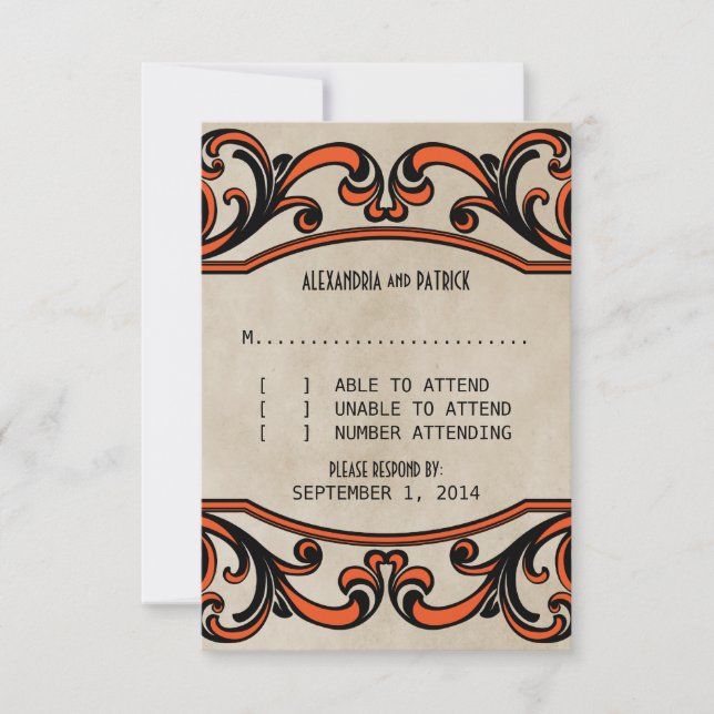 Orange Gothic Wirbel Response Card RSVP Karte (Vorderseite)