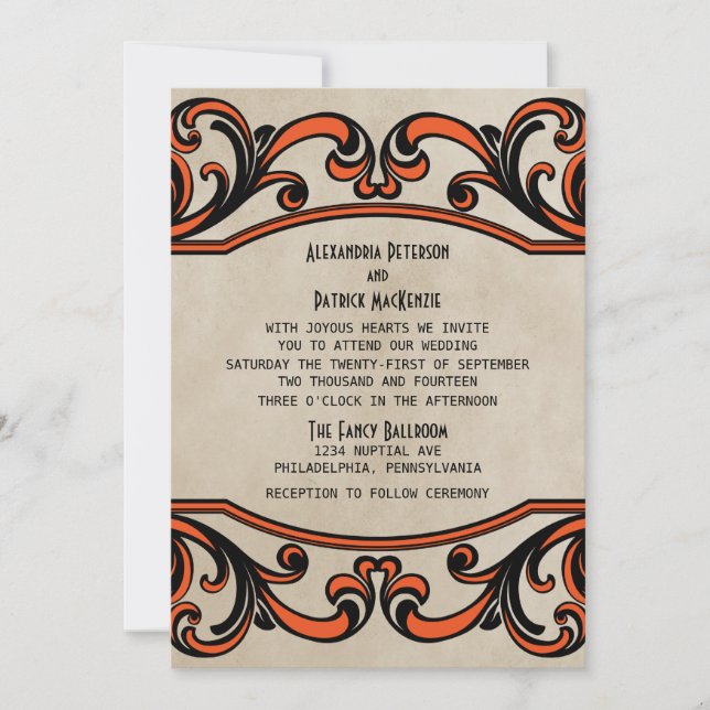 Orange Gothic Wirbel Wedding Invite Einladung (Vorderseite)