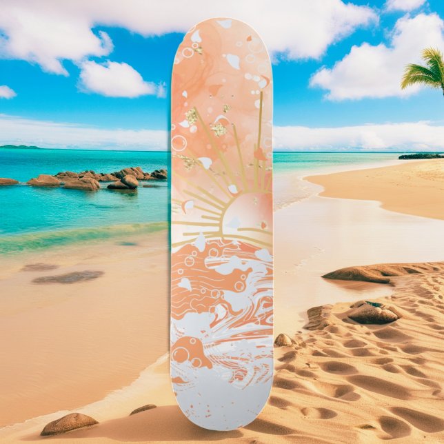 Orange Gradient Sunset Sun & Sea Funkelnd Glitzer Skateboard (Von Creator hochgeladen)