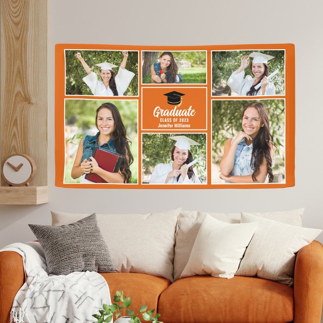 Orange Graduate Foto Collage Graduation Party Banner (Von Creator hochgeladen)
