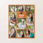 Orange Graduate Senior Foto Collage Abschluss<br><div class="desc">Dieses moderne orangefarbene Collage Puzzle für Senior Foto-Absolventen zeigt Ihre Lieblings-9 Studentenfotos. Dieses Abschluss-Design zeigt klassische weiße Typografie Ihres High School- oder Uni-Namens für die Klasse von 2023. Passen Sie dieses Sake-Geschenk mit Ihrem geschlossen Jahr unter der schwarzen Graduierenkappe an. Es verfügt über 2 horizontale Bilder, 5 vertikale Fotos und...</div>