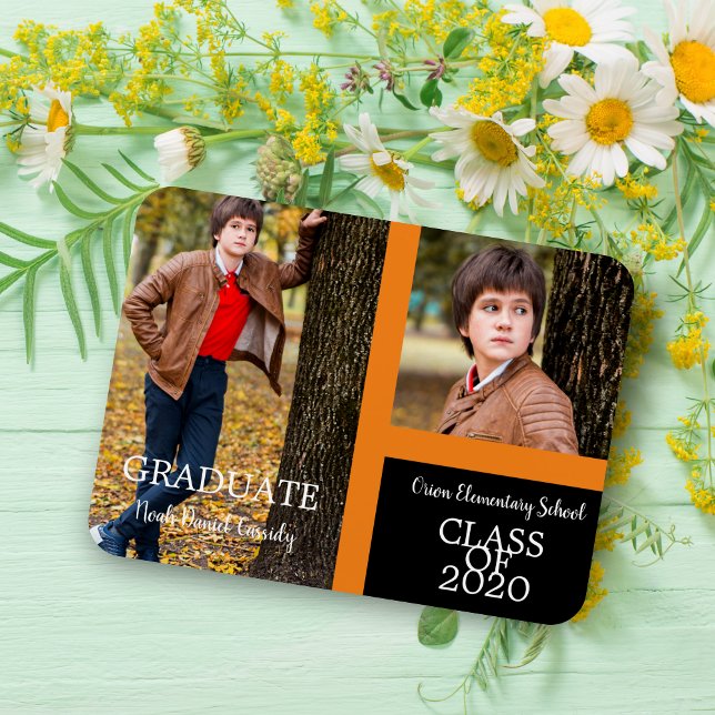Orange Graduate Simple Two Fotos Abschluss Magnet (Minimalist Graduate Simple Two Photos Graduation Keepsake.)