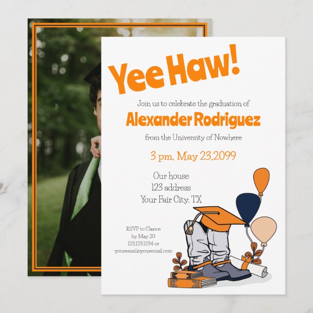 Orange Graduation Cap Cowboy Boot Arrangement Einladung (Vorne/Hinten)