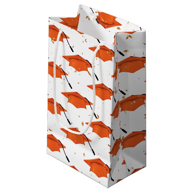 Orange Graduation Cap mit Confetti Kleine Geschenktüte (Vorderseite Schrägansicht)