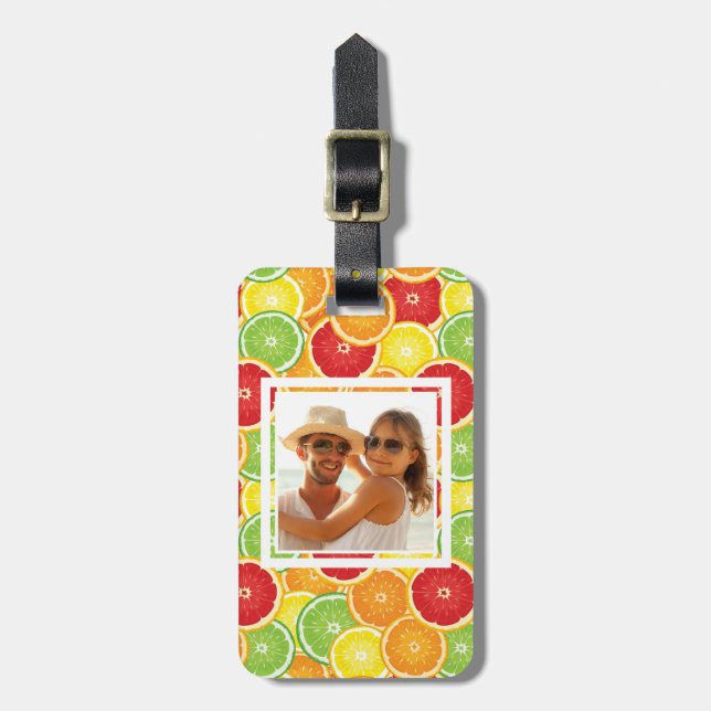 Orange, Grapefruit, Limone und Lemon| Foto hinzufü Gepäckanhänger (Vorderseite vertikal)