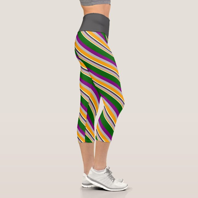 Orange, Grau, Lila, dunkelgrüne und weiße Linien Capri Leggings (Rechts)