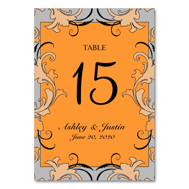 Orange Gray Black Wirbel Wedding Tischnummer Card (Vorderseite)