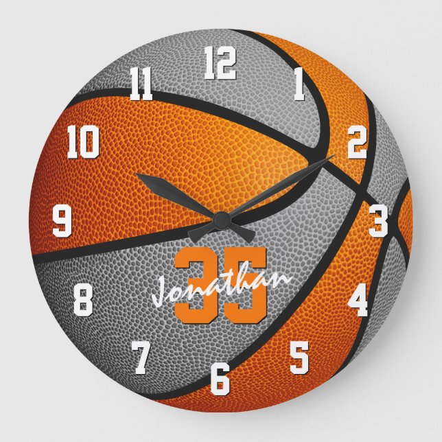orange gray boys girls basketball personalized große wanduhr (Vorderseite)